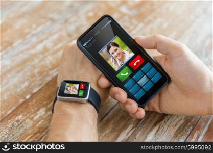 business, technology and people concept - close up of male hand holding smart phone and wearing smart watch with incoming call interface on screen