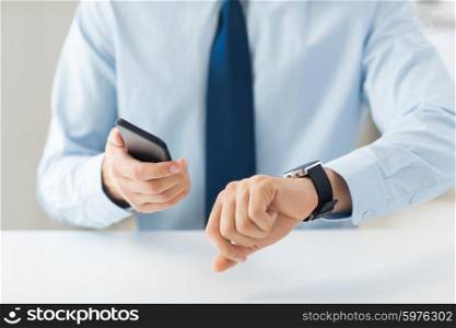 business, technology and people concept - close up of male hand holdingt smart phone and wearing watch at home