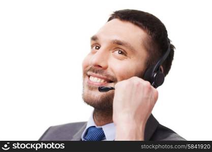 business, technology and people concept - close up of smiling businessman with smartphone talking