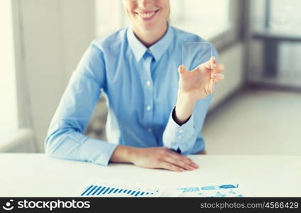 business, technology and people concept - close up of woman hand holding and showing transparent smartphone at office