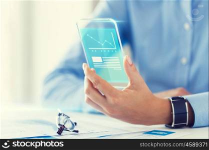 business, technology and people concept - close up of woman hand holding transparent smartphone with chart on screen at office
