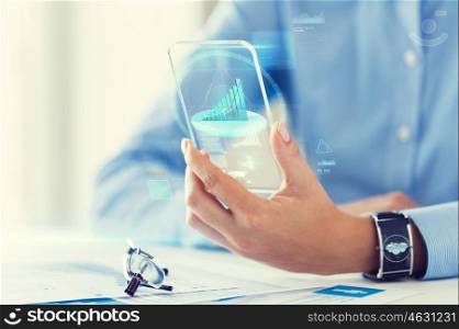 business, technology and people concept - close up of woman hand holding transparent smartphone with chart on screen at office