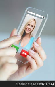 business, technology and people concept - close up of woman hand holding and showing transparent smartphone with incoming call on screen