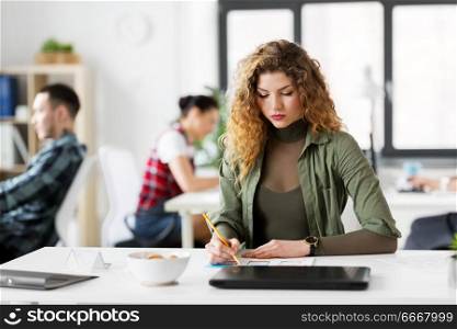 business, technology and people concept - creative woman or developer working on user interface design at office. creative woman working on user interface at office. creative woman working on user interface at office