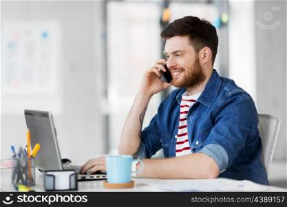business, technology and people concept - happy businessman or creative male worker with laptop computer calling on smarphone at office. creative man calling on smarphone at office. creative man calling on smarphone at office