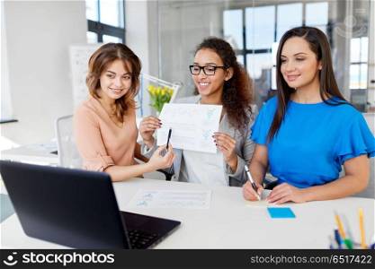 business, technology and people concept - happy smiling businesswomen having video conference by laptop computer at office. businesswomen having video conference at office. businesswomen having video conference at office