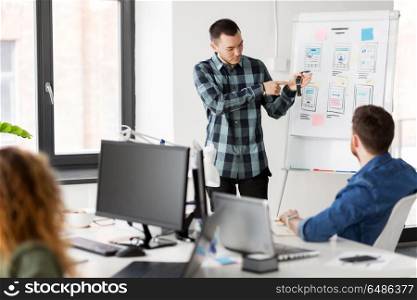 business, technology and people concept - man showing smart watch to creative team at office presentation. man showing smart watch to creative team at office. man showing smart watch to creative team at office