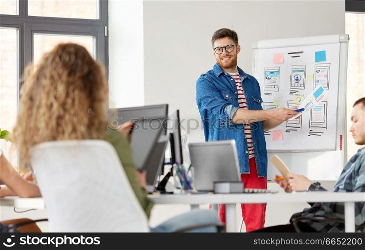business, technology and people concept - man showing user interface design on flip chart to creative team at office presentation. creative man showing user interface at office