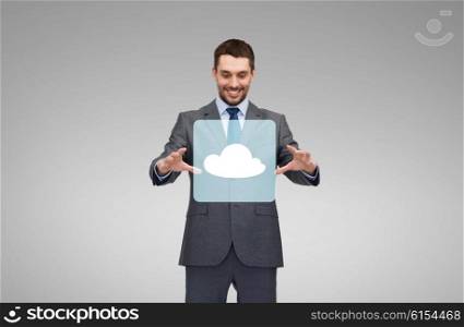business, technology and people concept - smiling businessman working with cloud icon projection