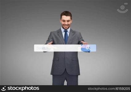business, technology and people concept - smiling businessman working with internet search bar