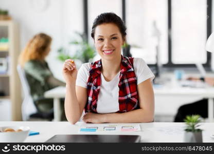 business, technology and people concept - smiling creative woman or developer working on user interface design at office. creative woman working on user interface at office. creative woman working on user interface at office