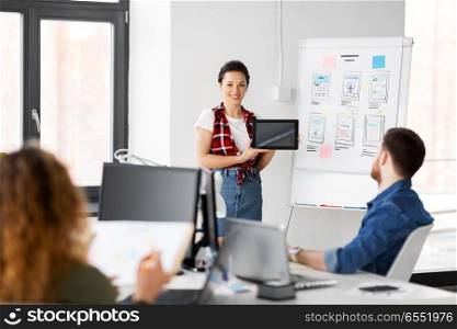business, technology and people concept - woman showing tablet pc computer and user interface design on flip chart to creative team at office presentation. woman showing tablet pc to creative team at office. woman showing tablet pc to creative team at office