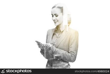 business, technology and people concept - young smiling businesswoman with smartphone texting over city and double exposure effect. young smiling businesswoman with smartphone