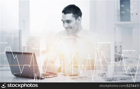business, technology and statistics concept - smiling businessman with laptop computer and diagram chart at office over city background and double exposure effect. smiling businessman with laptop and documents