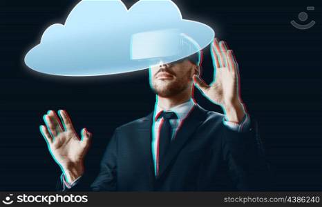 business, technology, augmented reality and computing concept - businessman in virtual headset and cloud projection over black background. businessman in virtual reality headset with cloud. businessman in virtual reality headset with cloud