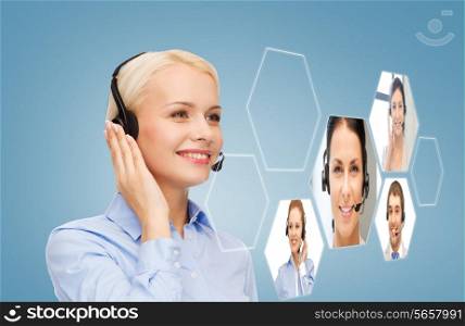 business, technology, call center and people concept - smiling woman helpline operator with headphones