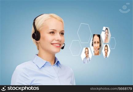 business, technology, call center and people concept - smiling woman helpline operator with headphones