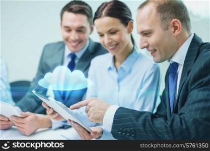 business, technology, cloud computing and people concept - smiling business team with tablet pc computer and virtual cloud projection having discussion in office
