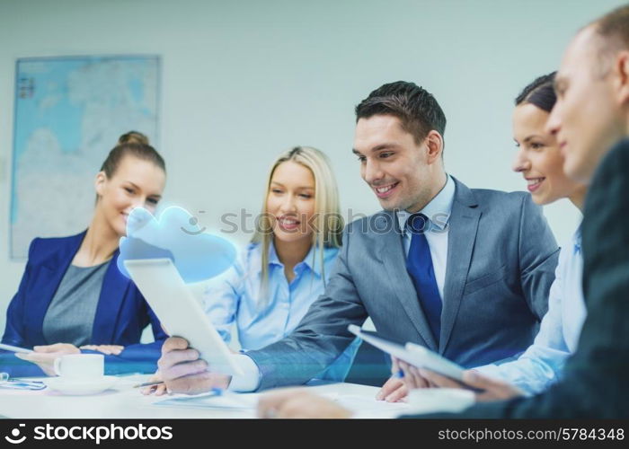 business, technology, cloud computing and people concept - smiling business team with tablet pc computer and virtual cloud projection having discussion in office