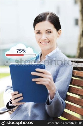business, technology, cloud computing and people concept - young smiling woman with tablet pc computer and internet icon transferring data sitting on bench in city