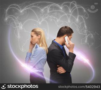 business, technology, communication and networking concept - man and woman calling with smartphones and virtual screen