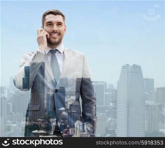 business, technology, communication and people concept - smiling businessman with smartphone talking over city background
