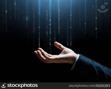 business, technology, cyberspace and people concept - close up of businessman hand with binary code projection over dark background. close up of businessman hand with binary code