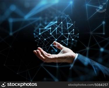 business, technology, cyberspace and people concept - close up of businessman hand with virtual network projection over dark background. businessman hand with virtual network projection. businessman hand with virtual network projection