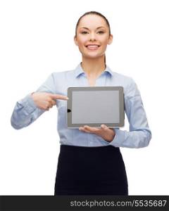 business, technology, internet and advertisement concept - smiling businesswoman pointing finger to blank black tablet pc computer screen