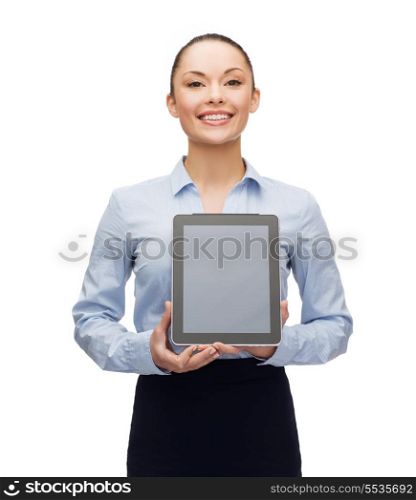 business, technology, internet and advertisement concept - smiling businesswoman with blank black tablet pc computer screen