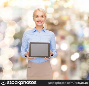 business, technology, internet and advertisement concept - smiling businesswoman with blank black tablet pc computer screen