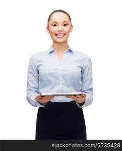 business, technology, internet and education concept - friendly young smiling businesswoman with blank tablet computer screen