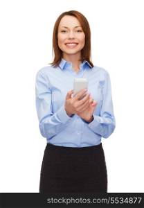 business, technology, internet and education concept - friendly young smiling businesswoman with smartphone