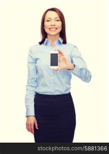 business, technology, internet and education concept - friendly young smiling businesswoman with smartphone blank screen
