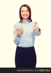 business, technology, internet and education concept - friendly young smiling businesswoman with smartphone showing thumbs up