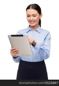 business, technology, internet and education concept - friendly young smiling businesswoman with tablet computer