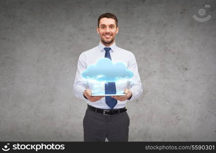 business, technology, internet and education concept - friendly young smiling businesswoman with tablet computer