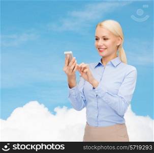 business, technology, internet and education concept - smiling young businesswoman with smartphone over blue sky with white cloud background