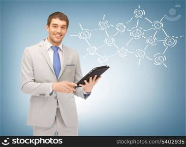business, technology, internet and networking concept - businessman networking with tablet pc and virtual screen
