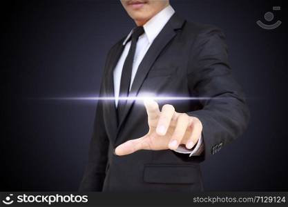 business, technology, internet and networking concept - businessman pressing button with contact on virtual screens