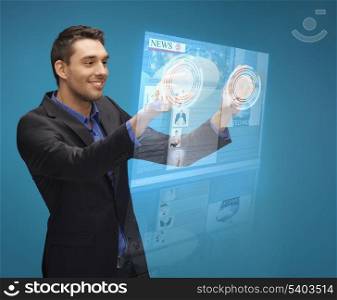 business, technology, internet and networking concept - businessman pressing buttons on virtual screen