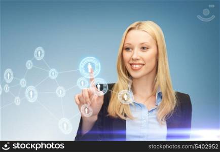 business, technology, internet and networking concept - businesswoman pressing button with contact on virtual screen
