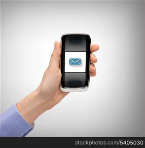 business, technology, internet and networking concept - man hand with smartphone and message icon