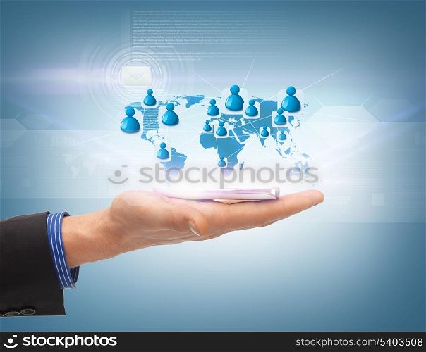 business, technology, internet and networking concept - man hand with smartphone and virtual screen