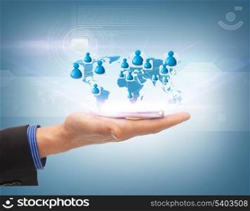 business, technology, internet and networking concept - man hand with smartphone and virtual screen