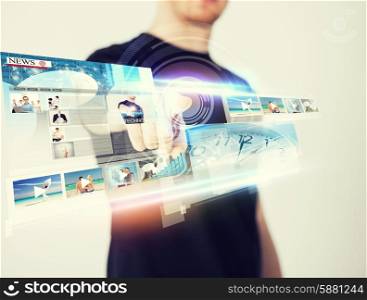 business, technology, internet and networking concept - man pressing button on virtual screen