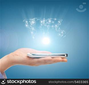 business, technology, internet and networking concept - woman hand with smartphone and virtual screen