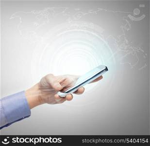 business, technology, internet and networking concept - woman hand with smartphone and virtual screen