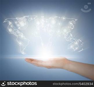 business, technology, internet and networking concept - woman hand with virtual screen