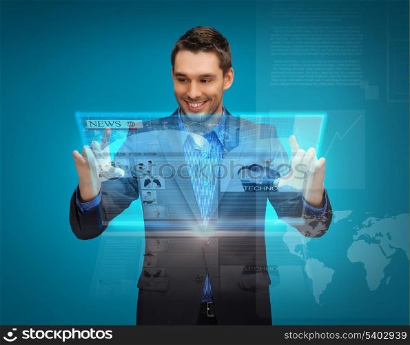 business, technology, internet and news concept - businessman with virtual screen reading news